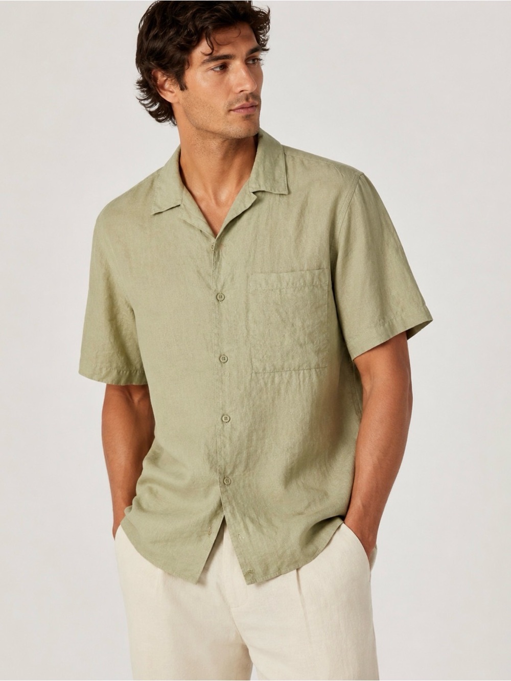 NN07 Julio SS 5706 100% Linen Short Sleeve Button Front Shirt Pale Olive M NWT